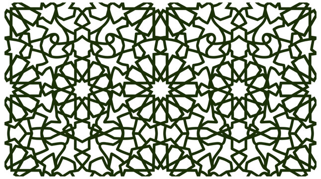 Islamic geometric pattern background with intricate dark green star and polygon tile design.