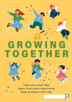 知育・教育コンテンツ向け：メダルと紙吹雪で5人の子供が喜ぶ「GROWING TOGETHER」ポスターイラスト（黄色）