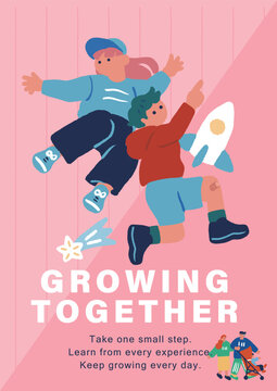ロケットと星を背景に2人の子供がジャンプする「GROWING TOGETHER」ポスターイラスト（ピンク）