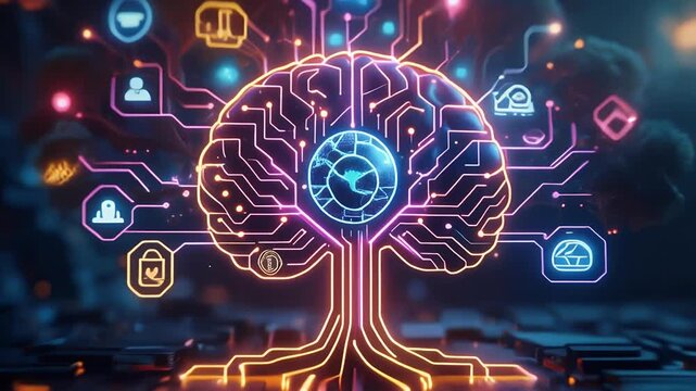 A luminous tree-like structure representing a brain connected to various digital icons.
