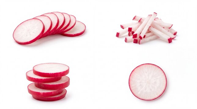 Fresh red radish slices and sticks on a flat surface