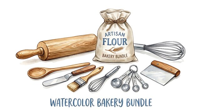 Watercolor illustration of baking tools and artisan flour bag isolated on white background