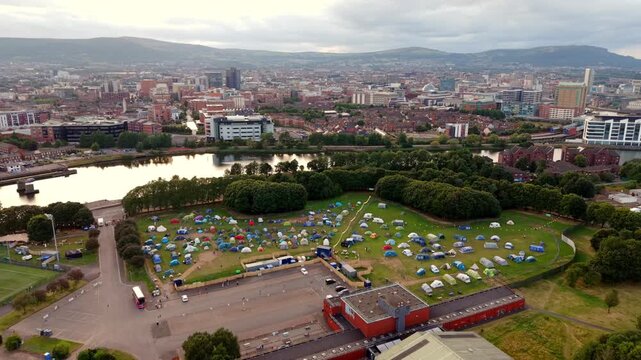 Advancing 4K 50FPS aerial video of the campsite at Comhaltas Fleadh Cheoil na h&Eacute;ireann, Fleadh Belfast 2026. Produced with Rec709 colour.