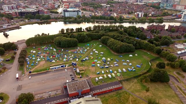 4K 60FPS aerial video of the Comhaltas Fleadh Cheoil na h&Eacute;ireann campsite at Fleadh Belfast 2026. Produced with Rec709 colour.