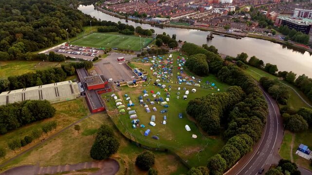 Clockwise 4K 60FPS aerial video of the Comhaltas Fleadh Cheoil na h&Eacute;ireann campsite at Fleadh Belfast 2026