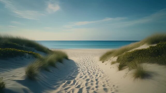 A sandy path leads through dunes to a serene beach and calm ocean.