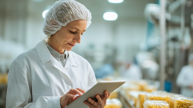 A food inspector in a white lab coat and hairnet uses a tablet to check canned goods in a warehouse Food Quality Control concept.