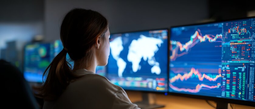 Business analyst monitoring global stock data on digital dashboard