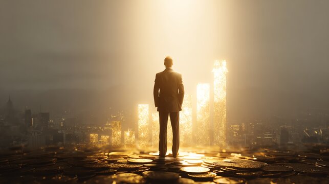 Businessman confident future vision with gold and silver projections, targeting legacy wealth creation