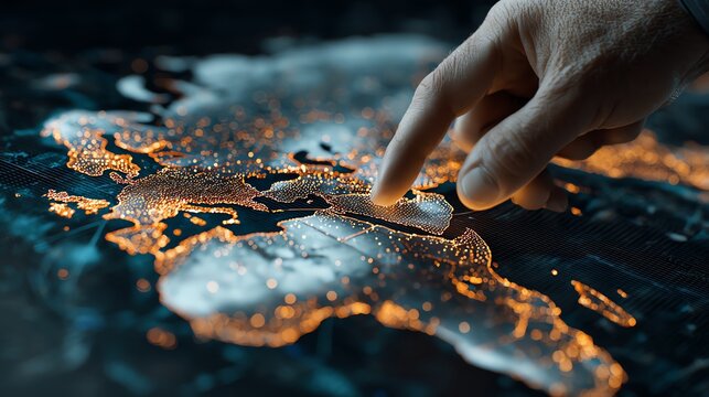 Diplomat analyzing global trade routes on digital world map AI technology concept