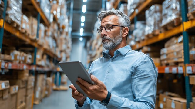 Professional man using a tablet to manage a smart warehouse inventory.