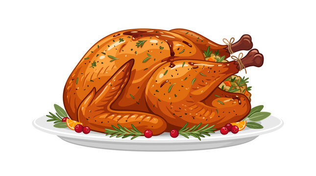 Golden brown whole roasted turkey on white platter with rosemary cranberries and orange slices for traditional thanksgiving holiday dinner feast