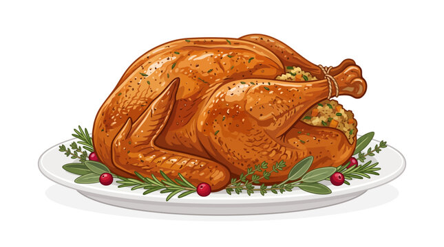 Golden brown roasted whole turkey with bread stuffing garnished with fresh rosemary sage and red cranberries on a white plate vector illustration