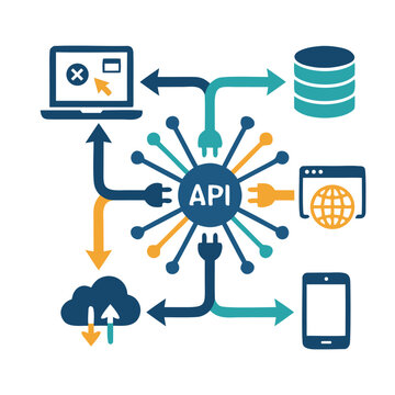 A graphic illustration of an API connecting various digital devices like a laptop, cloud, database, and smartphone through arrows and plugs.