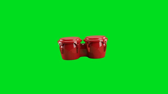 A pair of vibrant red bongo drums isolated against a vivid green background