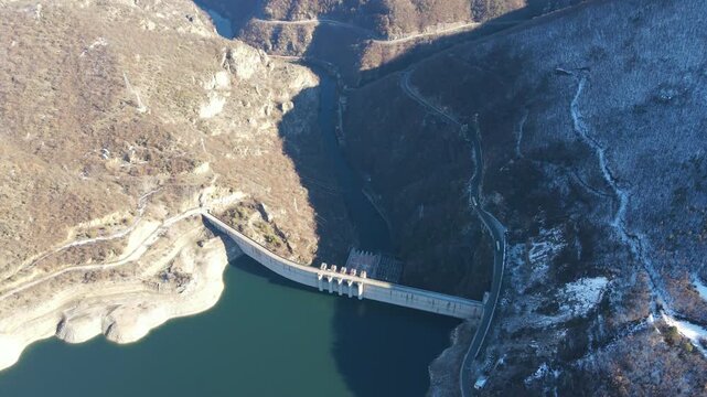 Aerial Winter view of Vacha (Antonivanovtsi) Reservoir, Rhodope Mountains, Plovdiv Region, Bulgaria