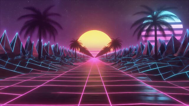 A neon-lit retro-futuristic landscape with palm trees and a grid.