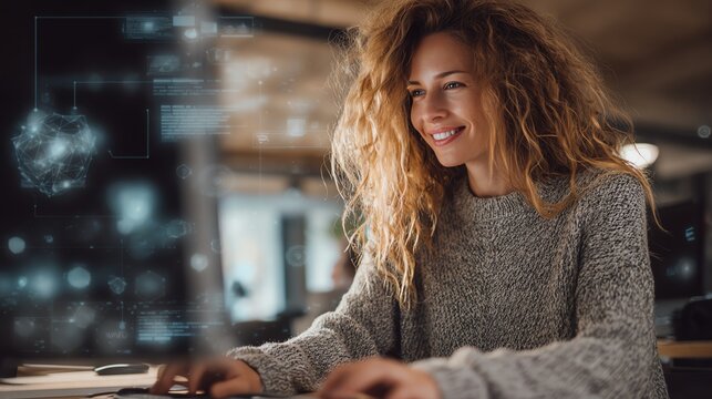 Smile woman typing on a keyboard with augmented cybersecurity monitoring systems