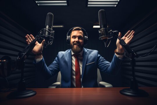Bearded man wearing headphones and suit speaking into two microphones in a professional studio
