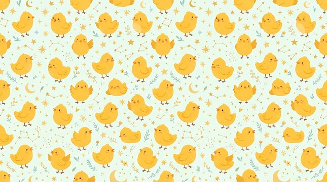 Continuous Graphic Layout of Adorable Yellow Nestlings and Tiny Celestial Elements Festive Spring Fowl Wallpaper Delightful repeating motif showing little golden nestlings surrounded by delicate star
