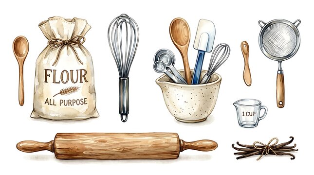 Set of baking tools and ingredients isolated on white background