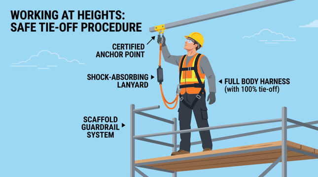 Illustration of a construction worker on a scaffold demonstrating safe tie-off procedure with a full body harness, shock-absorbing lanyard, and certified anchor point for working at heights.