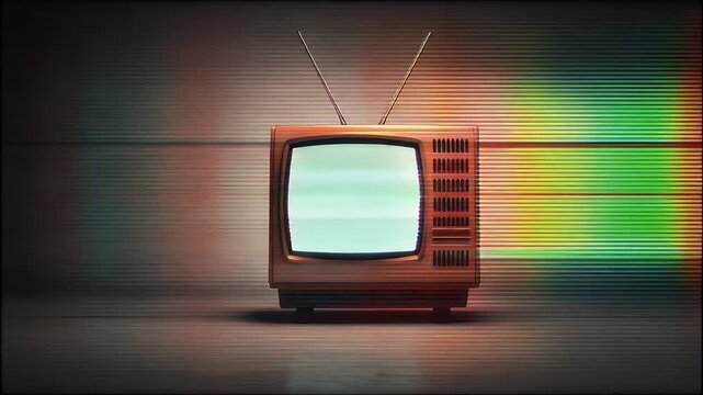 A vintage television set sits on a reflective surface with static on its screen.