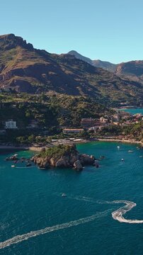 Vertical Aerial View Isola Bella Islet Mazzaro Bay Taormina Coastline Sicily Italy Travel Landscape