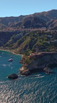 Vertical Aerial View Taormina Coastal Cliffs Hotel Monte Tauro Sea Sicily Italy Travel Landscape Panning