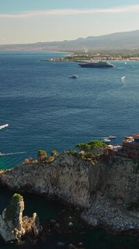 Vertical Aerial View Taormina Hotel Monte Tauro Yachts Naxos Bay Sicily Italy Landscape Travel Destination