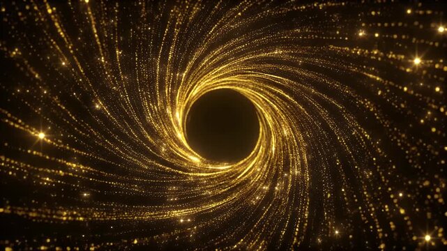 A swirling vortex of golden glitter particles forms a luminous ring against a dark background, with smaller sparkles scattered around.