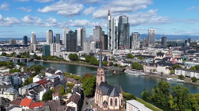 Financial District In Frankfurt Am Main Germany. Highrise Buildings. Downtown District. Famous Main Tower. Financial District In Frankfurt Am Main In Hesse Germany. Business Center. European Skyline.