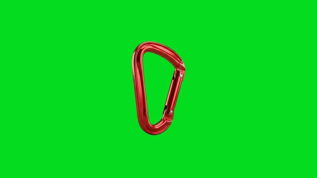 A shiny red metal carabiner isolated on a solid vibrant green background