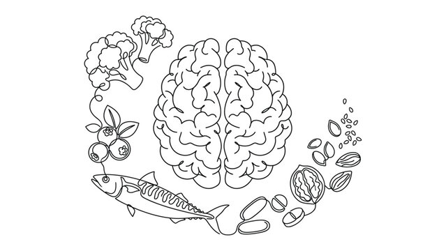 Brain health illustration with healthy food icons for cognitive function.