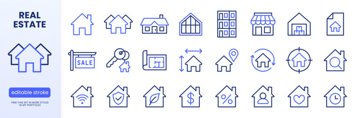 Plakat Real estate line icons set. Property management, house keys, home for sale, blueprint plan, mortgage flat minimal vector illustration. Simple outline signs. Blue duotone color. Editable Stroke.