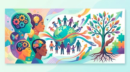 Obraz premium Vector banner design promoting global neurological diversity and developmental support with colorful artistic elements autism awareness banner illustrationflat design hand drawn cartoon