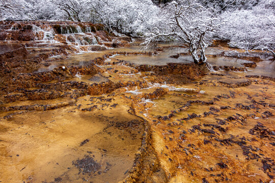 Winter snow travertine terrace pools landscape of Huanglong, Sichuan, China