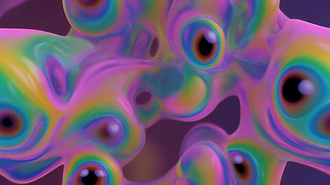 Abstract iridescent fluid forms with eyes create a surreal and otherworldly visual.