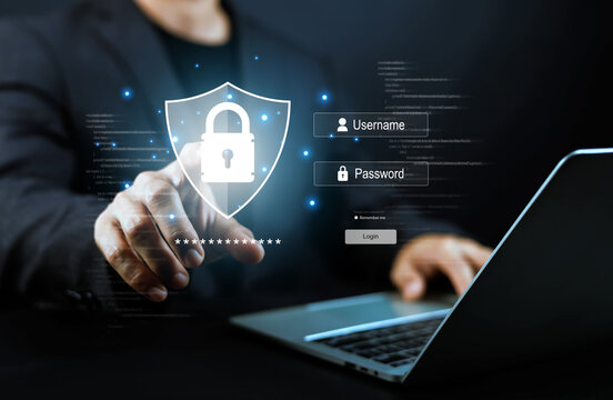 Businessman logging into secure system with digital cybersecurity shield, padlock, and login interface. Concept of password protection, user authentication, and data privacy.