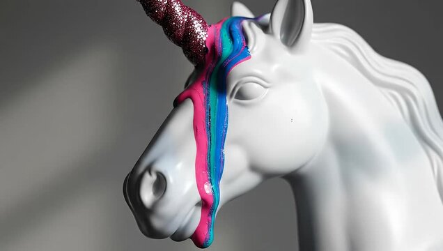 White unicorn head sculpture with colorful paint dripping down.