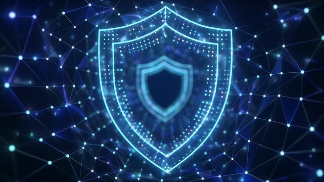 Digital shield symbolizing data security within a glowing network grid.