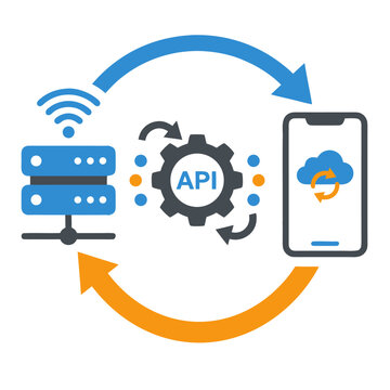 Digital illustration showing how an API connects a server to a mobile device with cloud synchronization icons.