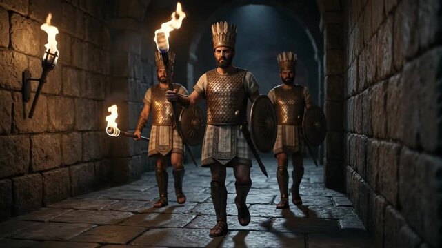 Ancient Guards Marching to Dungeon Cell in Dark Fortress