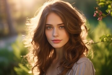 Obraz premium Young woman smiling looking at camera, backlit by golden sunlight in a garden