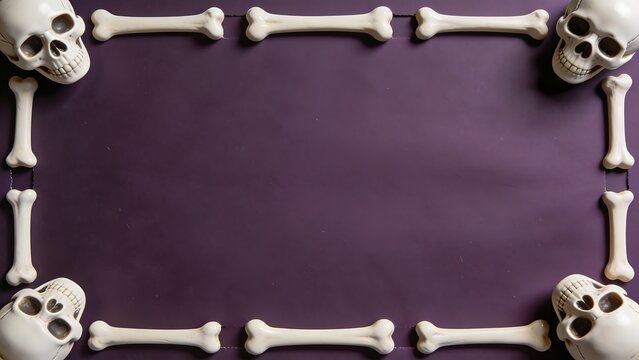 Human skulls and bones arranged in a rectangular frame on a dark surface