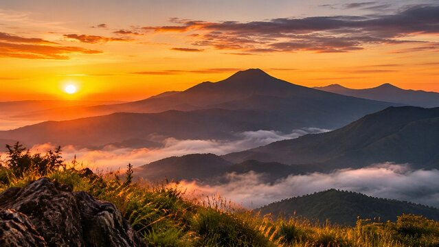 Dramatic Mountain Landscape at Golden Sunset with Clouds and Mist