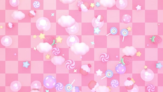Sweet candies, lollipops, cupcakes, strawberries, bubbles, stars, and clouds flying up against checkered pink background animation. (loop)