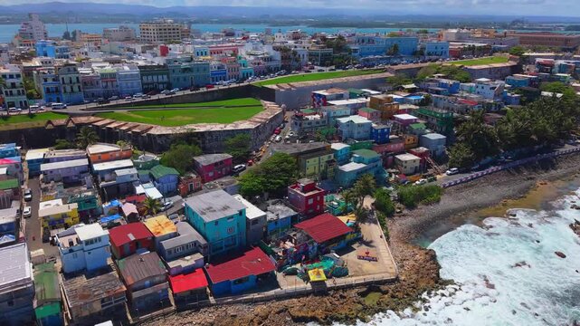 Top Down Birds Eye View Drone Shot of La Perla San Juan Waterfront