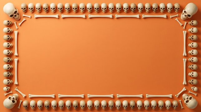 A rectangular orange background framed with a decorative border made of small white pearls and golden bone shapes