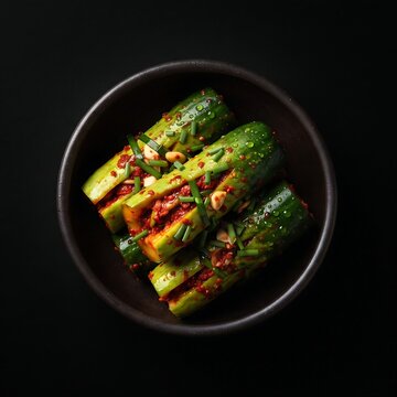  bowl filled with vivid green Oi-sobagi 오이소박이  (stuffed cucumber kimchi) cut open to reveal red pepper flake filling and chives. 